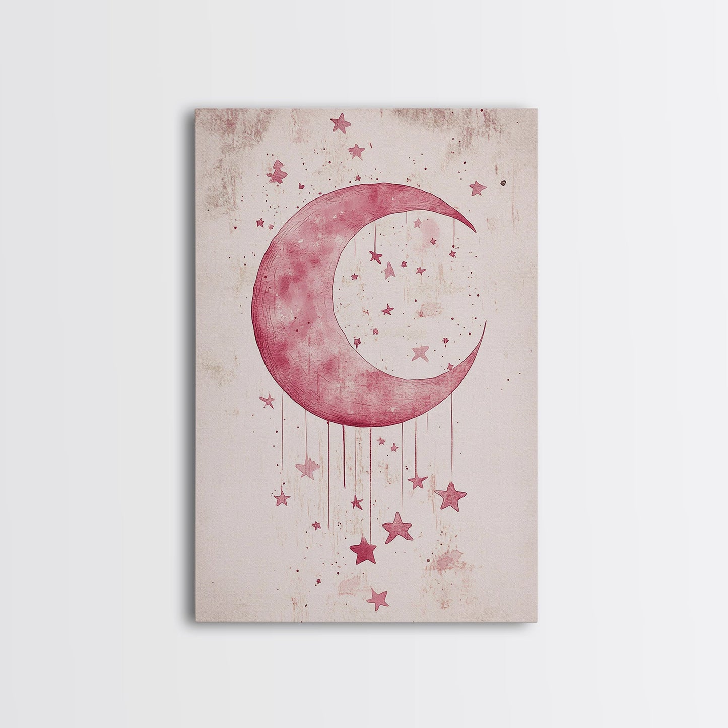 Crescent Moon and Stars Framed Canvas Print Mystical Boho Art Zen Wall Art Light Pink Wall Art Bedroom Art Dreamy Night Sky Decor