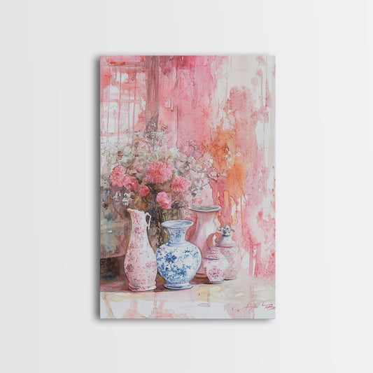 Pink Floral Vases Canvas Print Cottagecore Wall Art Rustic Decor Botanical Prints Light Pink Wall Art Living Room Art Bedroom Art