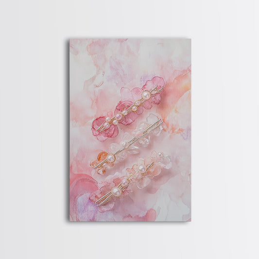 Elegant Floral Hair Accessories Canvas Print, Whimsical Art, Feminine Wall Art, Pink Abstract Art, Light Pink Wall Art, Bedroom Decor