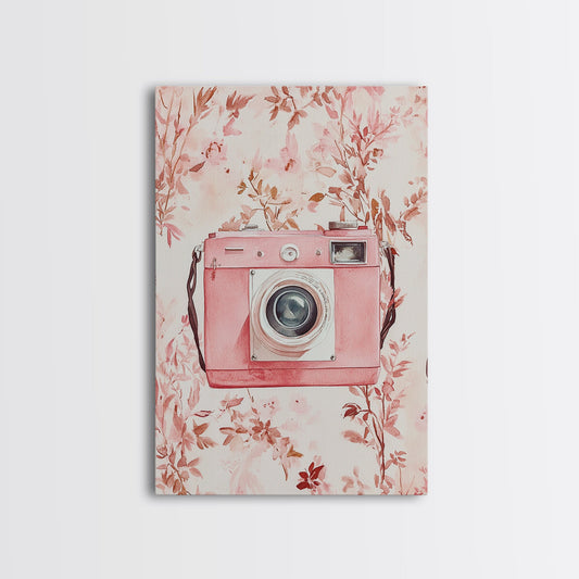Vintage Camera Framed Canvas Print Floral Background Photography Wall Art Rustic Cottagecore Decor Living Room Pink Wall Art