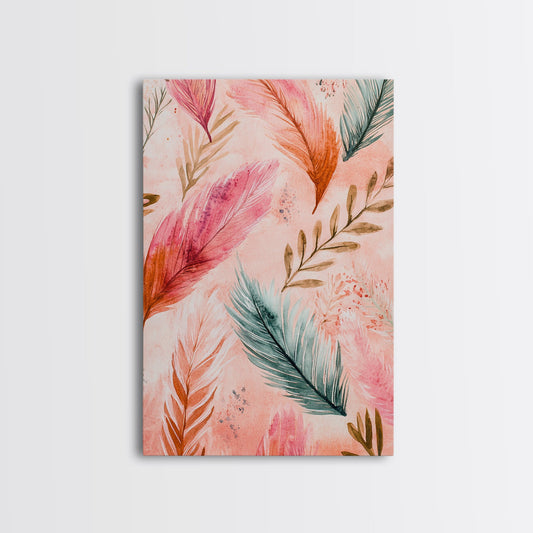 Feather Painting Framed Canvas Print Boho Art Cottagecore Bedroom Art Rustic Wall Art Gift Idea Her Living Room Art Light Pink