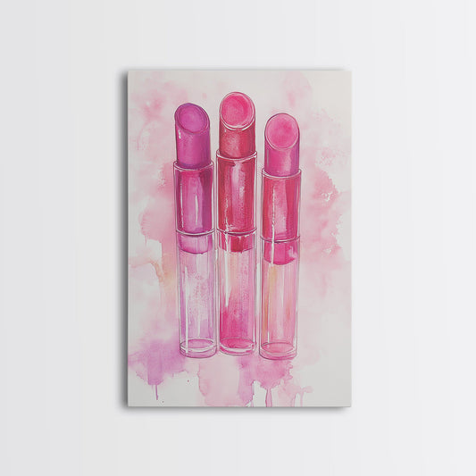Lipstick Trio Canvas Print Pink Abstract Wall Art, Feminine Home Decor, Unique Makeup Art Gift Idea, Cottagecore Rustic Living Room Art