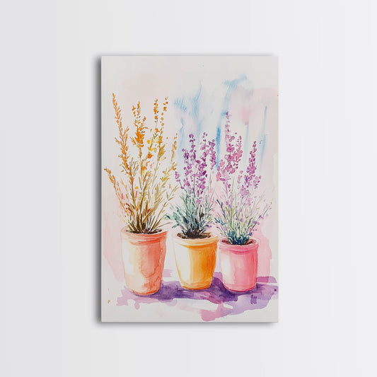 Potted Herbs Canvas Print Botanical Prints, Cottagecore Wall Art, Rustic Decor Living Room Art, Wildflower Painting Pastel Artwork