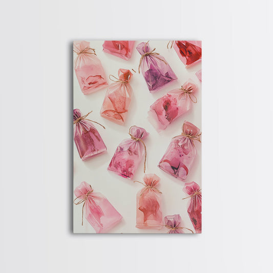 Pink Gift Bags Canvas Print Cottagecore Art, Feminine Minimalist Home Decor, Rustic Light Pink Wall Art, Cozy Holiday Gift Idea