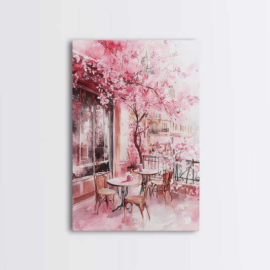 Cherry Blossom Café Framed Canvas Print Romantic City Scene, Cottagecore Pink Wall Art, Feminine Decor Bedroom Living Room Art