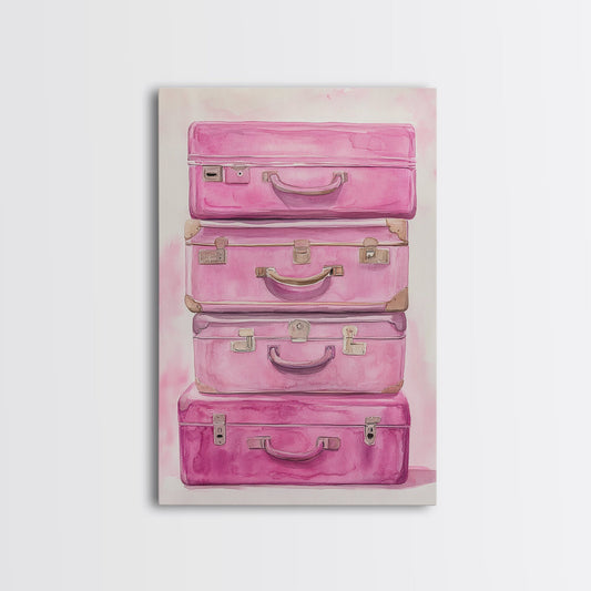 Vintage Luggage Framed Canvas Print Rustic Cottagecore Travel Wall Art, Feminine Pink Home Decor, Bedroom Accent Living Room Art