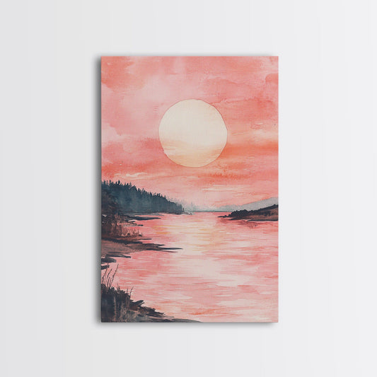 Pink Sunset Framed Canvas Print Coastal Landscape Art, Cottagecore Light Pink Wall Decor, Rustic Bedroom Art, Living Room Artwork