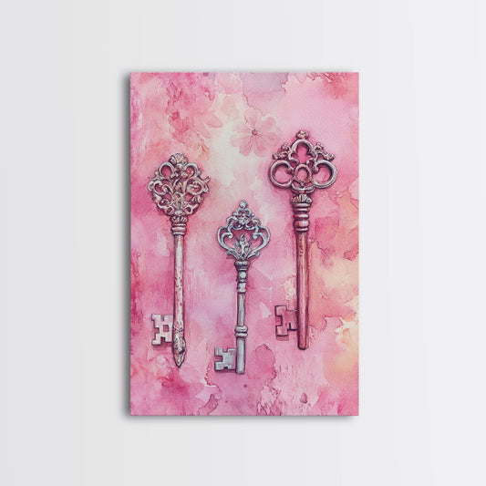 Vintage Keys Canvas Print Pink Wall Art Featuring Whimsical Cottagecore Decor for Living Room Rustic Farmhouse Art Decoration