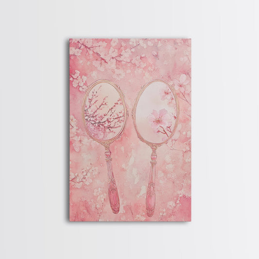 Vintage Mirror Canvas Print Featuring Cherry Blossom Painting Elegant Pink Wall Art Rustic Farmhouse Decor Above Bed Room Art