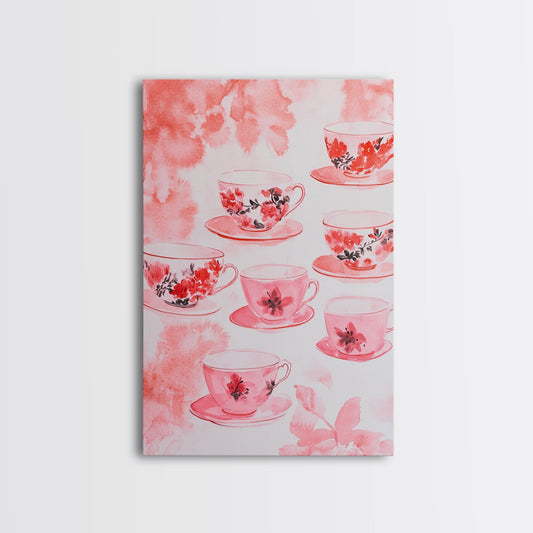 Tea Cup Painting Canvas Print Light Pink Wall Art Kitchen Decor Rustic Art Cottagecore Aesthetic Vintage Style Gift Idea Artwork