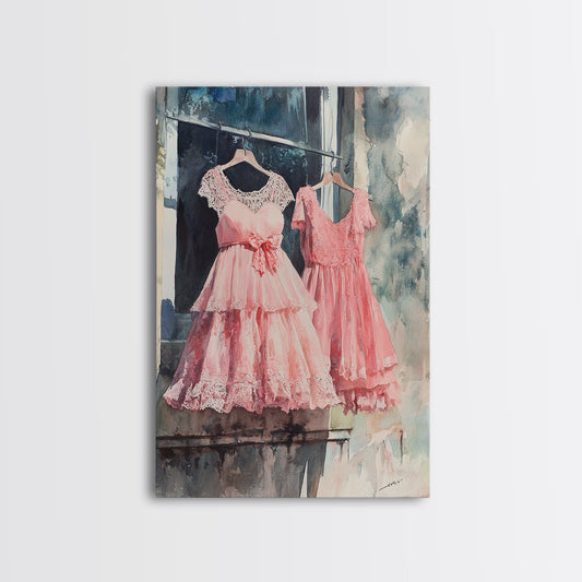Vintage Pink Dresses Hanging Framed Canvas Print, Cottagecore Wall Art with Whimsical Details, Rustic Bedroom or Closet Decor