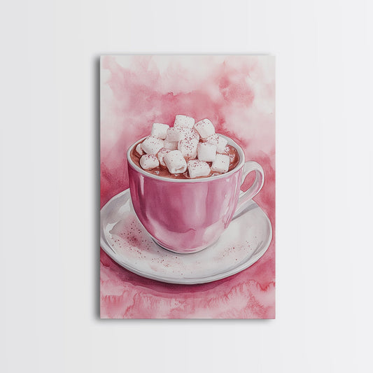 Hot chocolate coffee wall art with marshmallows framed canvas print cozy cottagecore decor warm whimsical aesthetic gift living room art