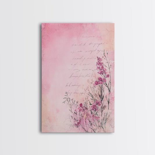 Handwritten floral light pink wall art botanical framed canvas print cozy vintage cottagecore decor bedroom or guest room aesthetic art