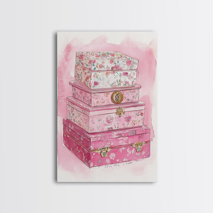 Floral stackable decorative boxes framed canvas print chic boho decor whimsical rustic art idea cozy wall decor charming bedroom addition