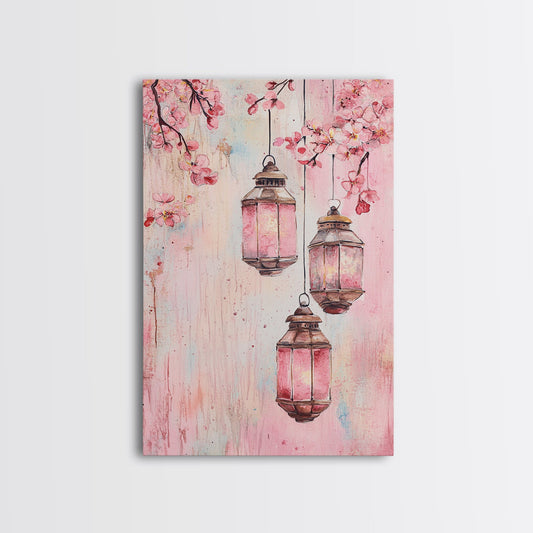 Moroccan Lantern Canvas Print Framed Pink Cherry Blossom Wall Art Cottagecore Aesthetic Boho Style Living Room Bedroom Accent Gift
