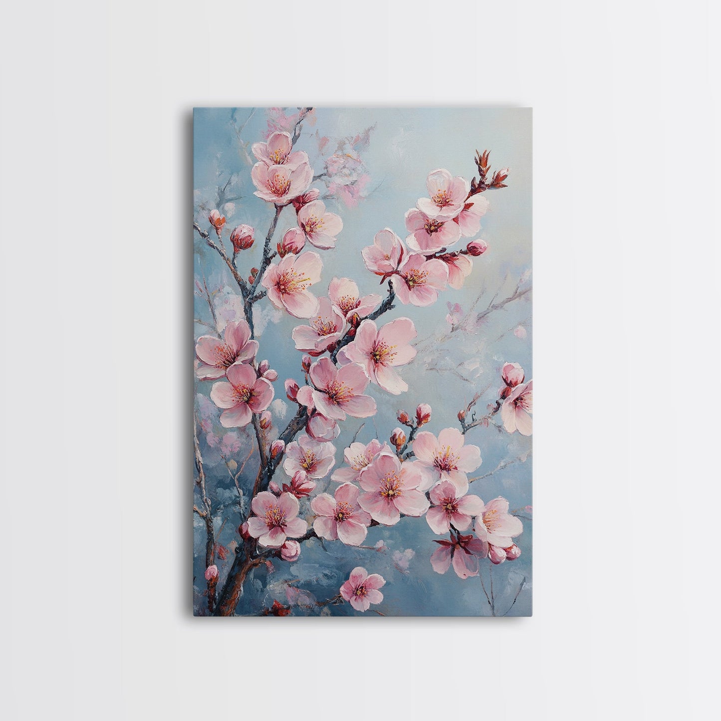 Cherry Blossom Painting Framed Canvas Print | Japanese Sakura Wall Art | Light Pink Wall Art Above Sofa Decor | Floral Nature Print
