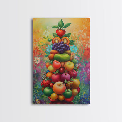 Fruit Pyramid Canvas Print with Whimsical Still Life Art, Vibrant Food Review Wall Art, Rustic Farmhouse Decor for Kitchen or Dining Area