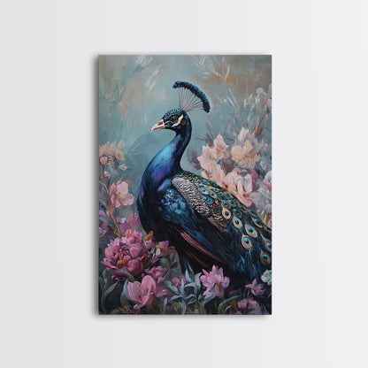 Graceful Peacock Floral Framed Canvas Print | Botanical Bird Art | Chinoiserie Wall Decor | Elegant Tropical Painting | Home Accent