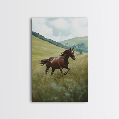Galloping Brown Stallion Framed Canvas Print Horse Wall Art Rustic Decor Living Room Above Couch Wabi Sabi Style