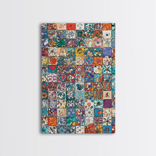 Vibrant Mosaic Squares Framed Canvas Print Colorful Geometric Art Abstract Cottagecore Wall Art Sage Green Room