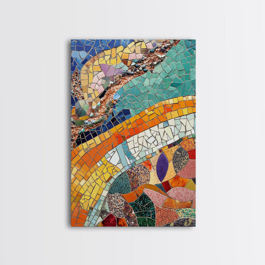 Vibrant Mosaic Curves Framed Canvas Print Moroccan Mosaic Wall Art Colorful Geometric Art Living Room Cottagecore Decor