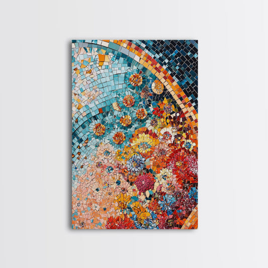 Blooming Floral Mosaic Framed Canvas Print Moroccan Wall Art Cottagecore Living Room Art Botanical Mosaic Rustic Decor