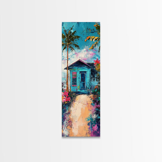 Beach House, Tropical, Framed Canvas Print, palm tree painting, cottagecore wall art, coastal cowgirl wall art, boho art, vibrant wall art