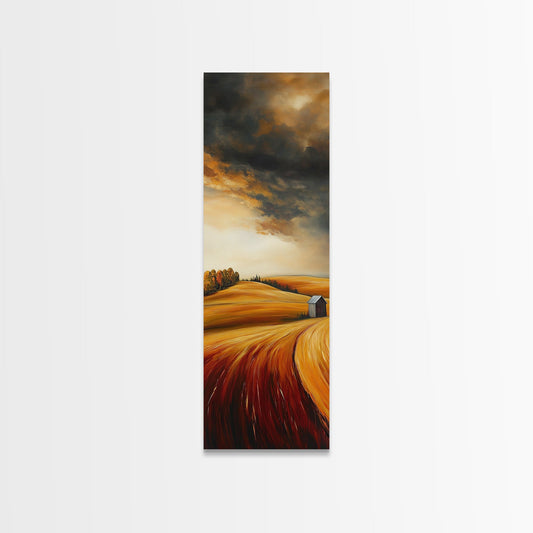 Autumn Fields, Stormy Sky, Golden Wheat, Canvas Print, barn landscape oil painting, farmhouse art, rustic wall art, fall decor