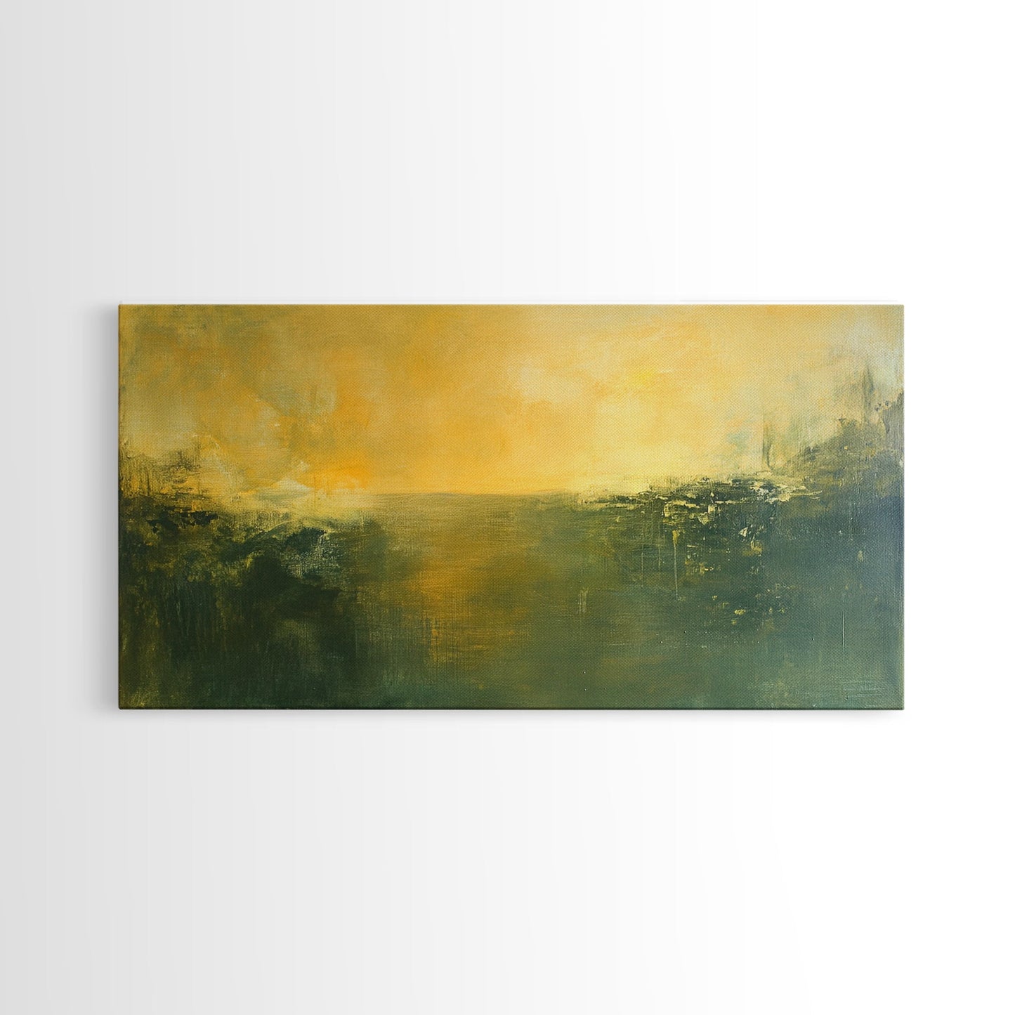 Abstrakte Landschaftsmalerei, Stimmungsvolle Kunst, Horizontgemälde, Grüne Wandkunst, Extrabreite Kunst, Panoramakunst, Gerahmter Leinwanddruck, Wohnzimmerkunst