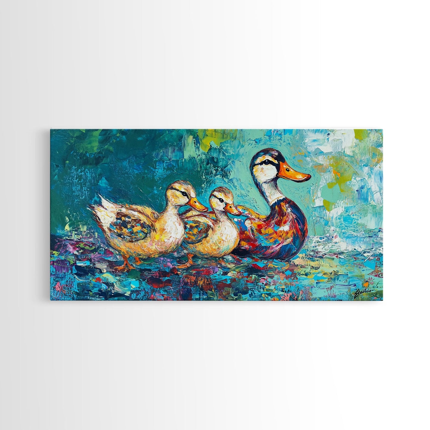 Entenfamilie, Vogelkunst, verspielte Kunst, türkisfarbene Wandbilder, Geschenkidee für sie, Landschaftsmalerei, extra breite Kunstwerke, gerahmter Leinwanddruck