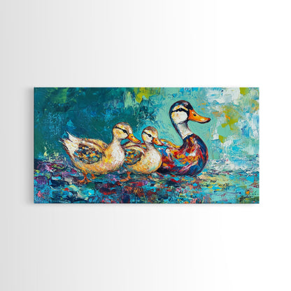 Entenfamilie, Vogelkunst, verspielte Kunst, türkisfarbene Wandbilder, Geschenkidee für sie, Landschaftsmalerei, extra breite Kunstwerke, gerahmter Leinwanddruck