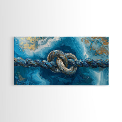 Ozeanseil, maritime Dekoration, blau-goldene Wandkunst, Küstenmalerei, Seestückmalerei, horizontale Wandkunst, gerahmter Leinwanddruck