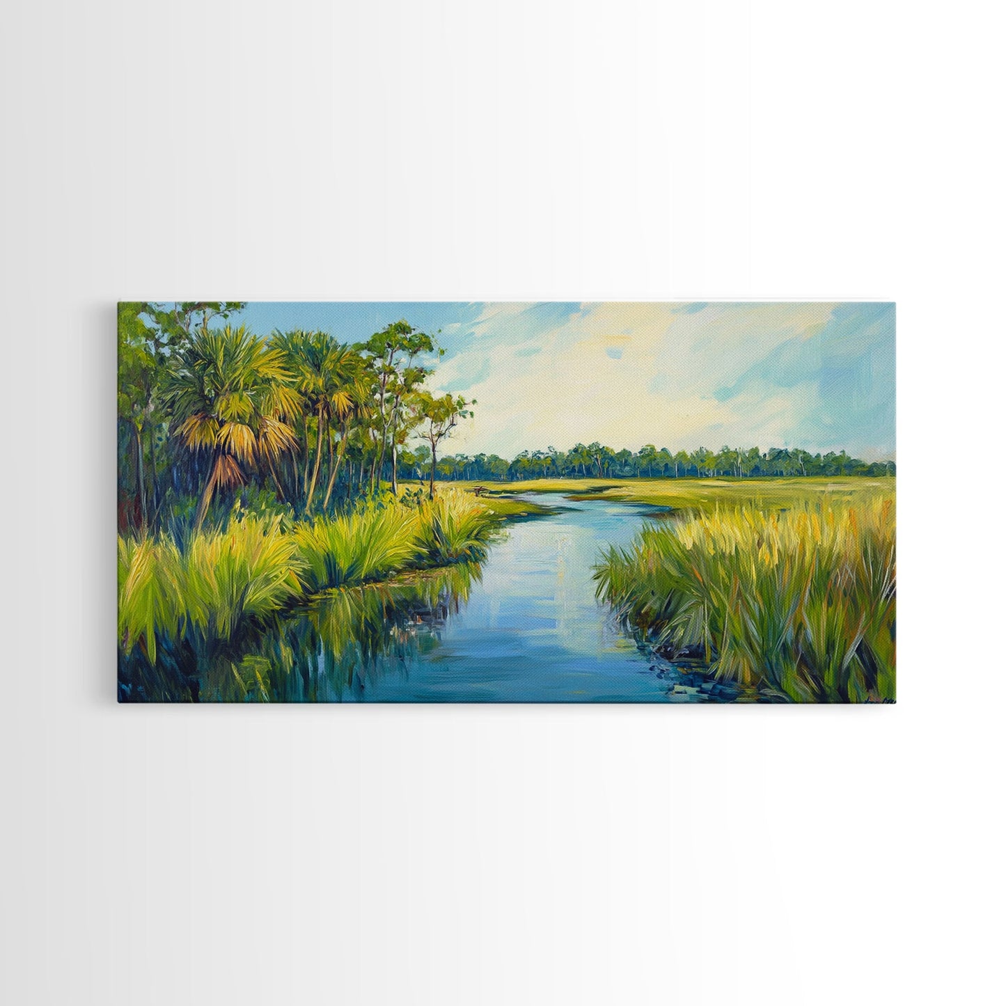 Marschlandschaft-Motiv, Palmenbild, tropische Landschaft, Küstendekor, grüne Wandkunst, rustikale Wandkunst, gerahmter Leinwanddruck