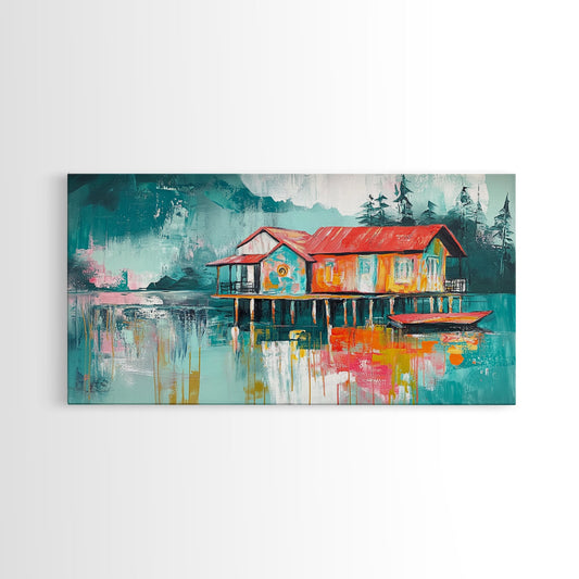 Colorful Boathouse, nautical wall art, cottagecore wall art, whimsical art, teal wall art, extra wide art, Framed Canvas Print