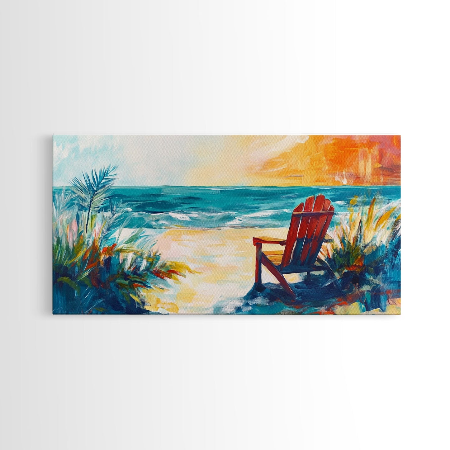 Beach Chair, Coastal Painting, Nautical Wall Art, Ocean Painting, Seascape Painting, Framed Canvas Print, Extra Wide Art, Coastal Decor