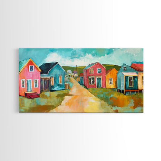 Colorful Village Scene, Whimsical Art, Coastal Decor, Rustic Art, Framed Canvas Print, Living Room Art, Cottagecore Wall Art