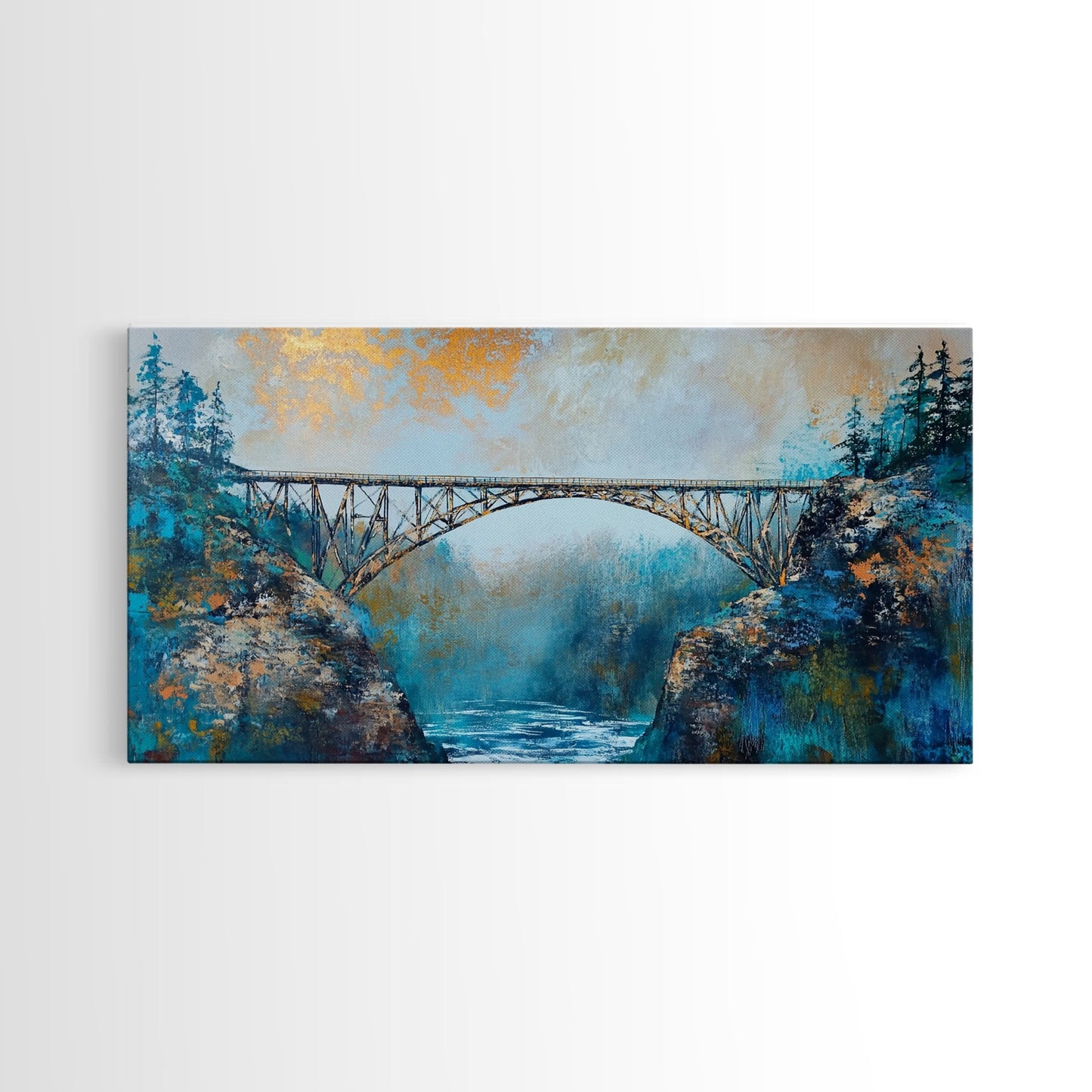 Stahlbrücke, Landschaftsmalerei, Berglandschaft, Panoramabild, gerahmter Leinwanddruck, Wandbild in Blau und Grün