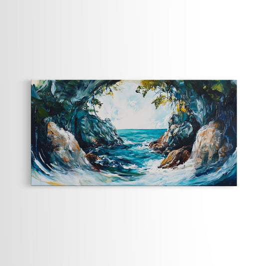Ocean Cave, coastal landscape art, seascape painting, blue and green wall art, framed canvas print, extra wide art, beach painting