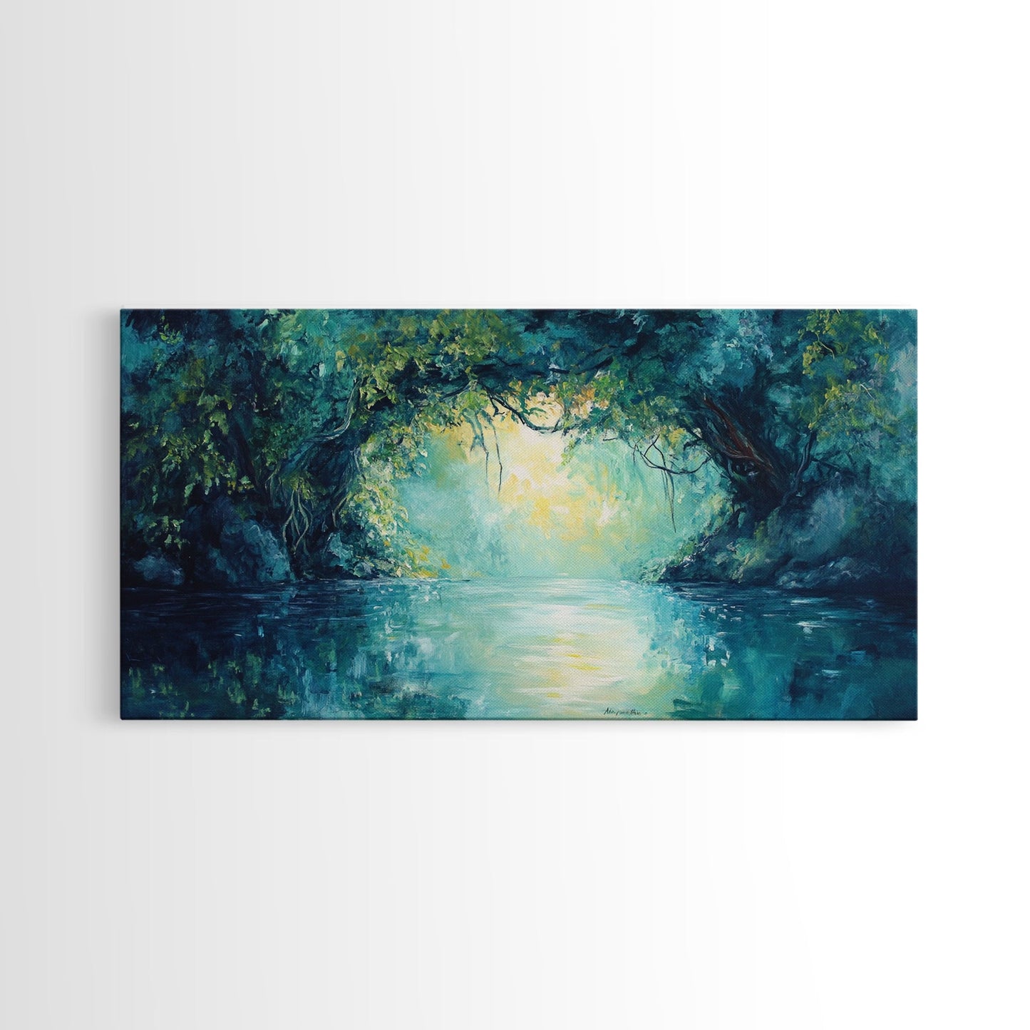 Mystischer Fluss, gerahmter Leinwanddruck, Landschaftsmalerei, stimmungsvolle Kunst, Wald in der Abenddämmerung, türkisfarbenes Wandbild, extra breites Bild