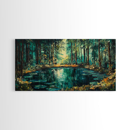 Verzauberter Waldteich, Leinwanddruck, Landschaftsmalerei, Kiefernkunst, Wald in der Abenddämmerung, Kunst vom Lake Tahoe, extra breites Kunstwerk