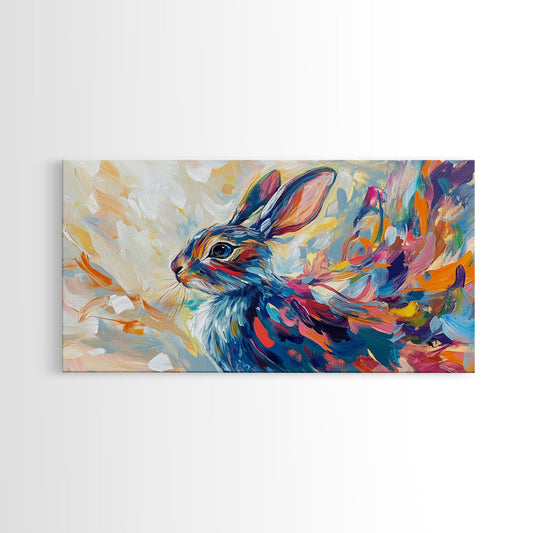 Colorful Bunny, Canvas Print, whimsical art, animal painting, cottagecore wall art, pink abstract art, extra wide art, rabbit art