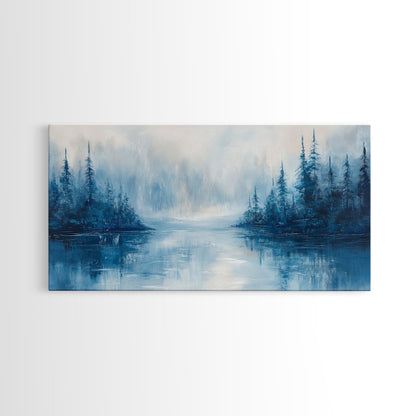 Neblige Seelandschaft, Stimmungsvolle Kunst, Kiefernlandschaft, Landschaftsgemälde, Gerahmter Leinwanddruck, Schlafzimmerkunst, Wandbild über dem Bett