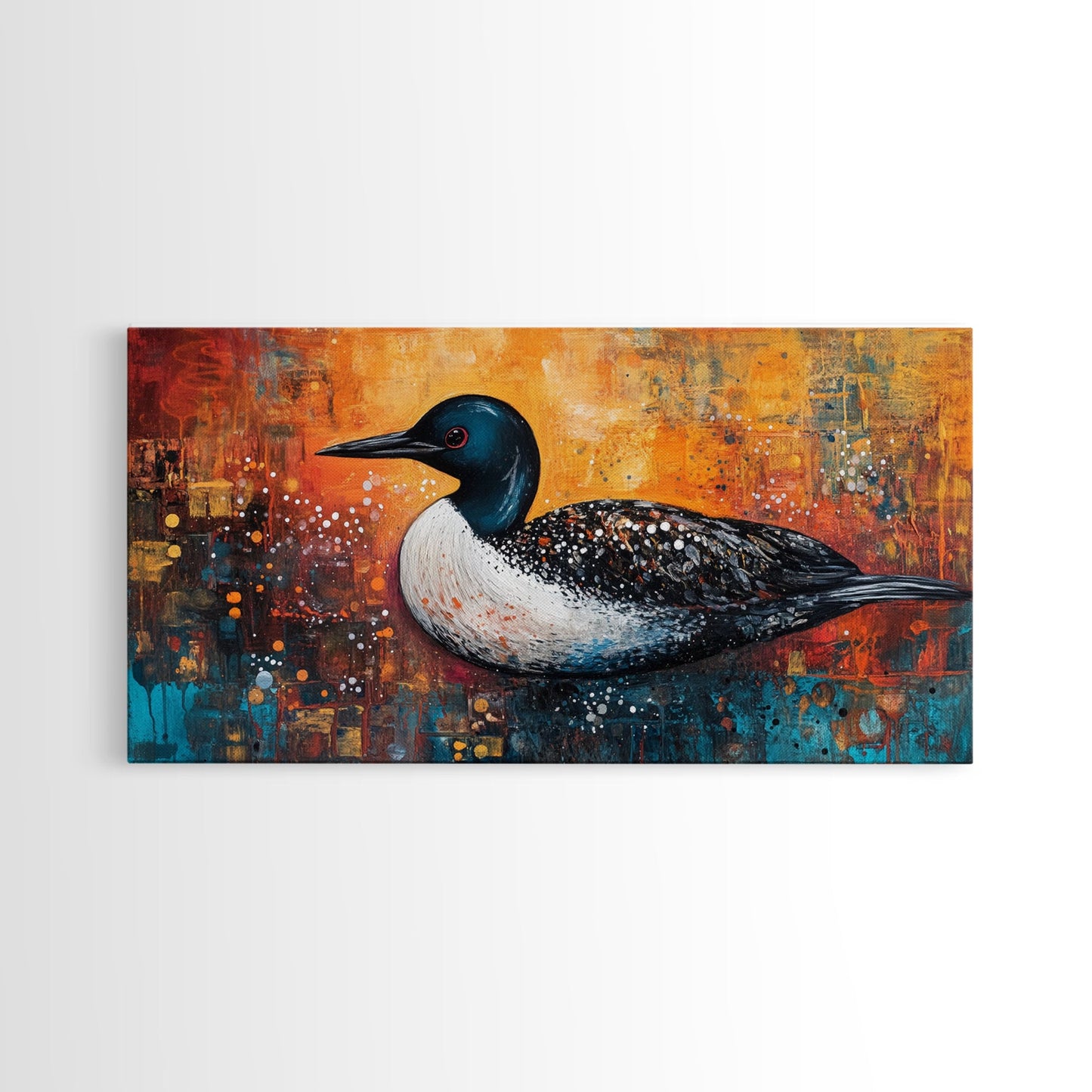 Gemälde eines Seetauchers, Vogelkunst, Tierkunst, Naturmalerei, Wandbild mit türkisfarbenem Motiv, gerahmter Leinwanddruck, Seedekor, rustikale Wandkunst