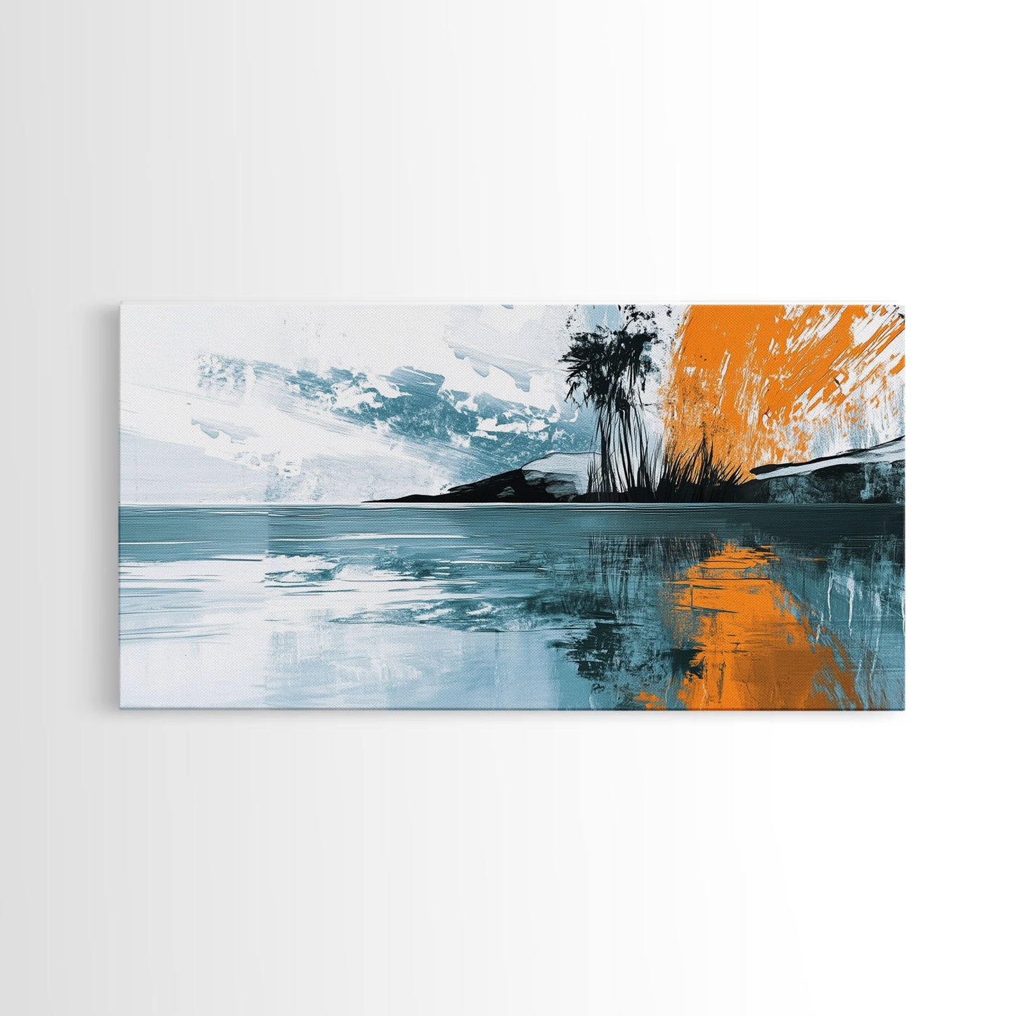 Palm Reflection, tropical coastal art, framed canvas print, coastal cowgirl wall art, panoramic painting, modern abstract art