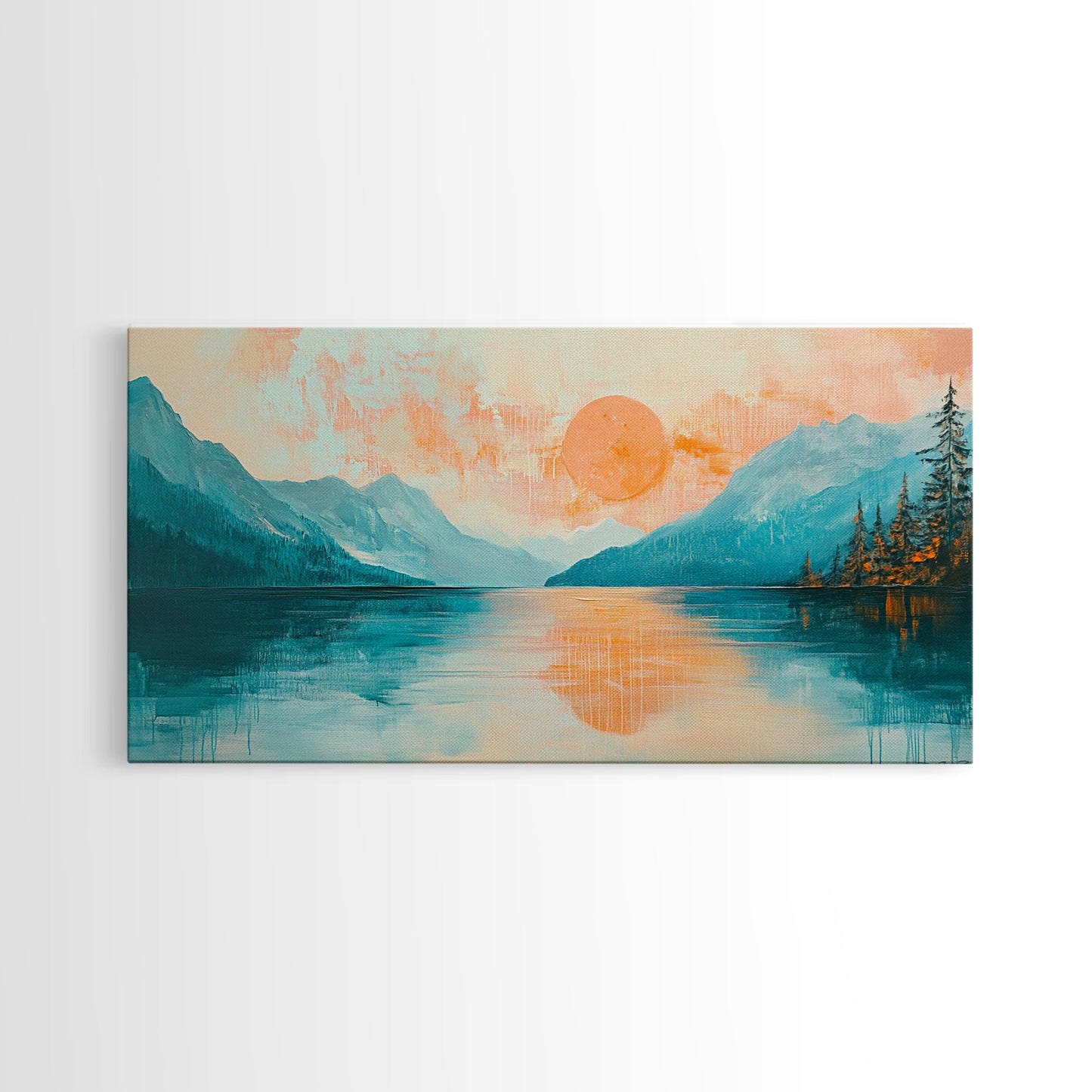 Sunset Lake, Kunst vom Lake Tahoe, gerahmter Leinwanddruck, rosa-orange Wandbild, horizontales Wandbild, Seestück, Küstendeko