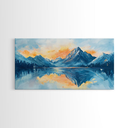 Lake Reflection, Sunset Mountains, Panoramic Art, Framed Canvas Print, Mountain Painting, Lake Art, Horizontal Wall Art, Bedroom Art