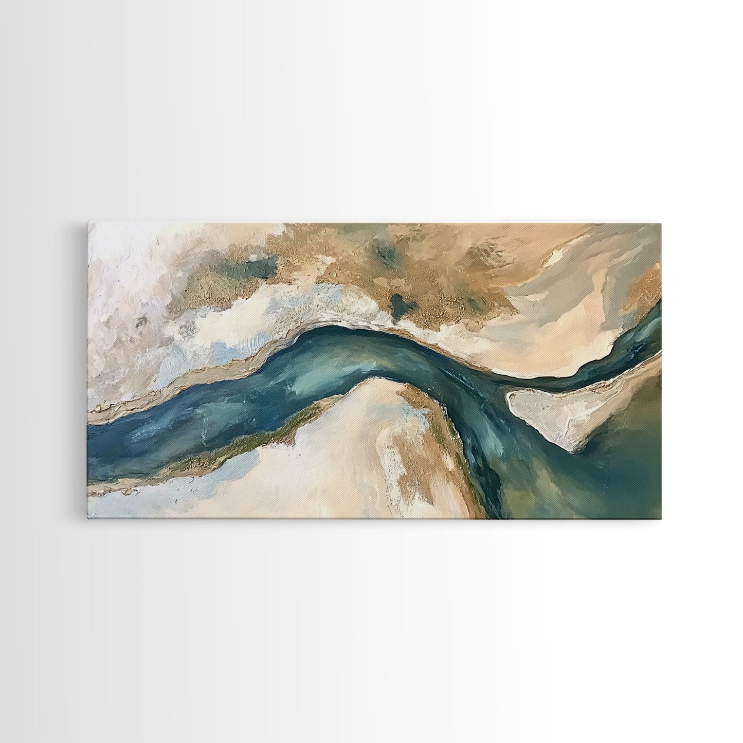 Abstrakter Fluss, neutrale Landschaft, Panoramabild, Leinwanddruck, Wabi-Sabi-Kunst, rustikale Wandkunst, Wandbild für über dem Bett, minimalistische Kunst