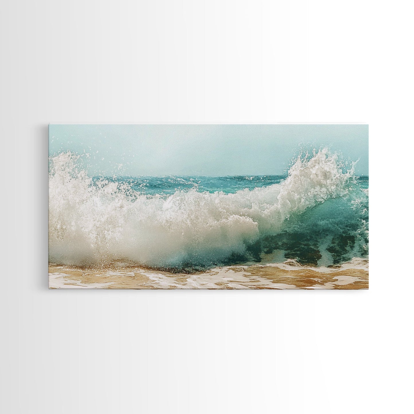 Meereswelle, Strandspritzer, Panoramabild, gerahmter Leinwanddruck, Surf-Wandbild, nautische Dekoration, Küsten-Wandbild, extra breites Bild