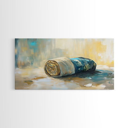 Gerollter Stoff, Ölgemälde nach Foto, rustikale Dekoration, Landhauskunst, Wabi-Sabi-Kunst, gerahmter Leinwanddruck, horizontale Wanddekoration, Geschenkidee