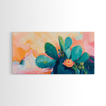 Prickly Pear Cactus, agave painting, southwest wall art, boho art, pink orange wall art, extra wide art, Framed Canvas Print